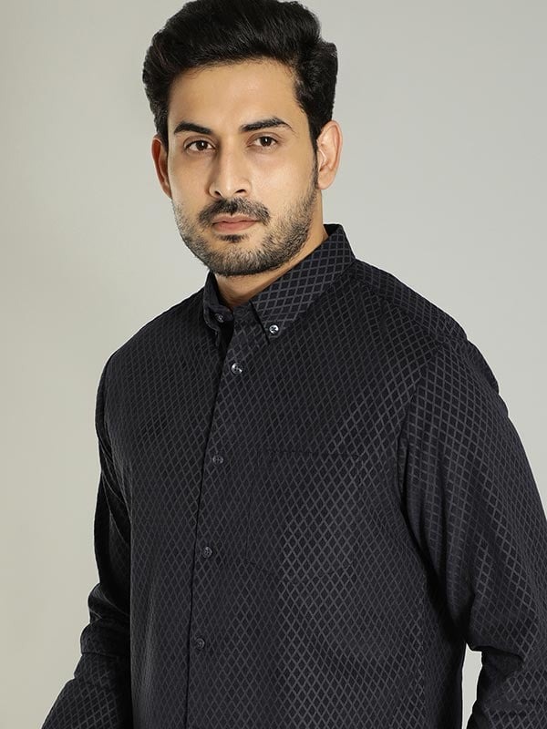 Indian Terrain Men's Slim Fit Full Sleeve Printed Dark Blue Shirt